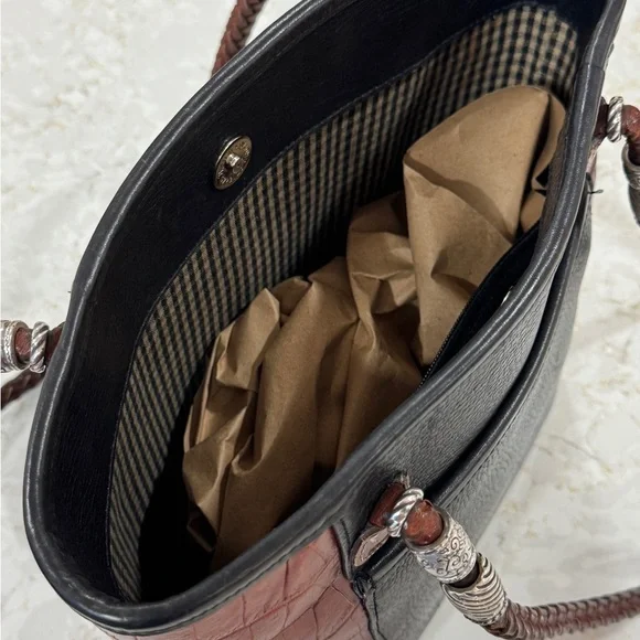Brighton Caroline Bucket Purse Handbag Tote Black Leather Brown Croc & Dust Bag - Picture 3 of 10